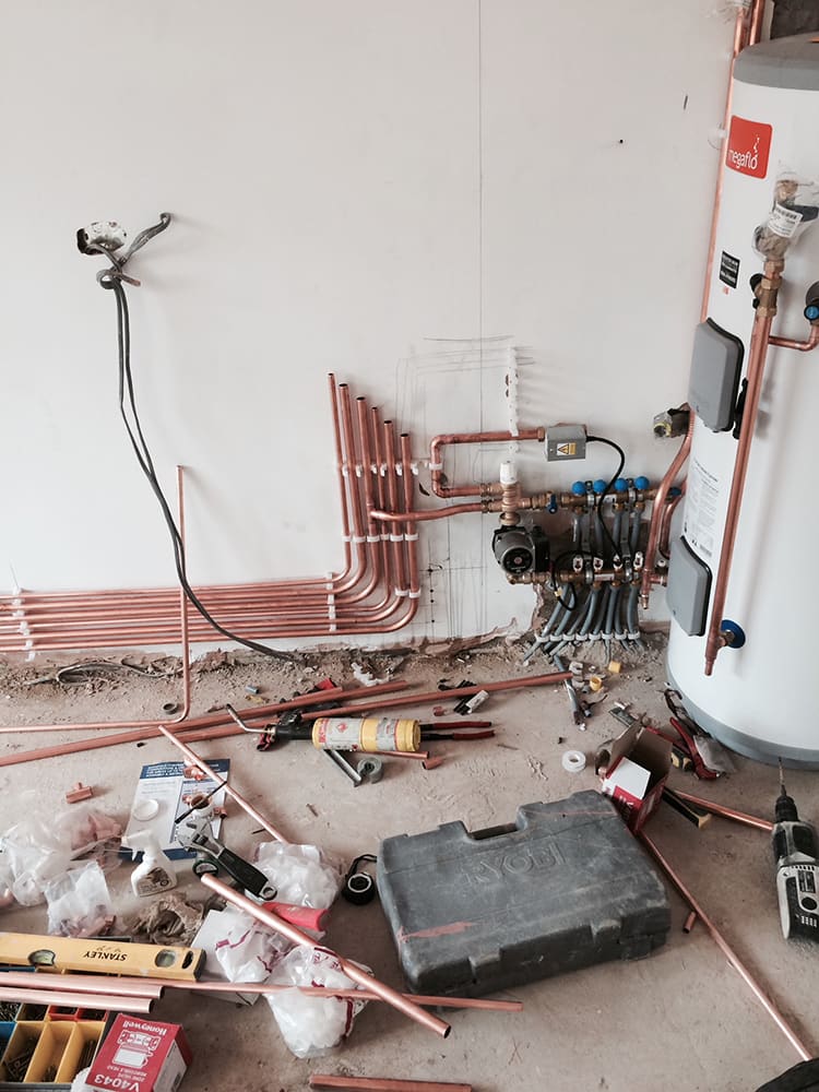 Copper pipework and cylinder during heating first fix