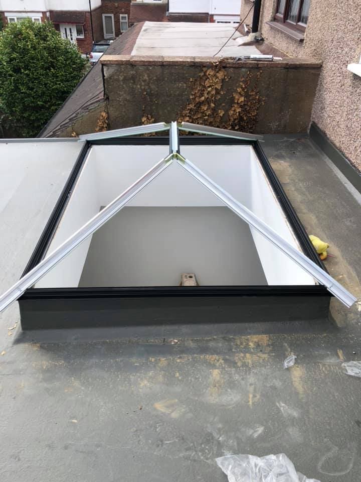 Aluminium roof lantern installed on its upstand, seen from the roof